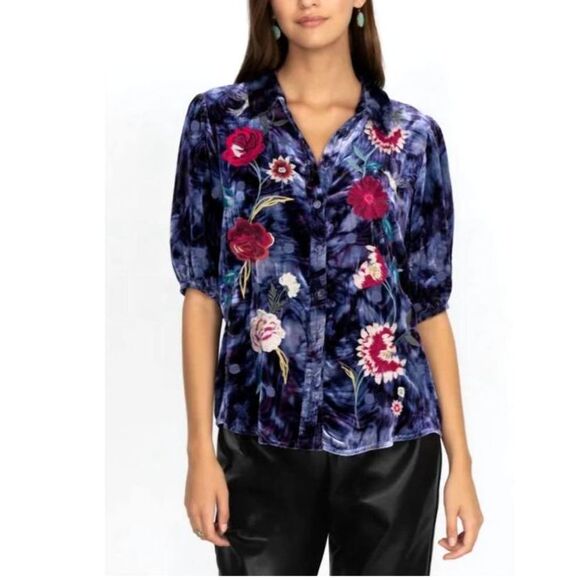 JOHNNY WAS WOMENS JUNIA VELVET SHORT SLEEVE SHIRT Size Extra Small XS - Picture 1 of 5
